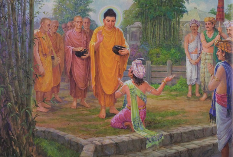 Vua Bimbisara quy kính Đức Phật. Tranh PGNN